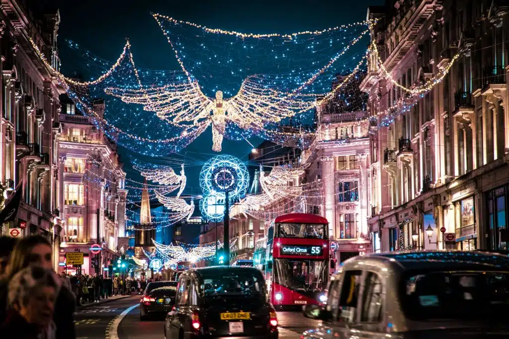 The 6 Best Things to Do in London A bus on Regent Street at Christmas.