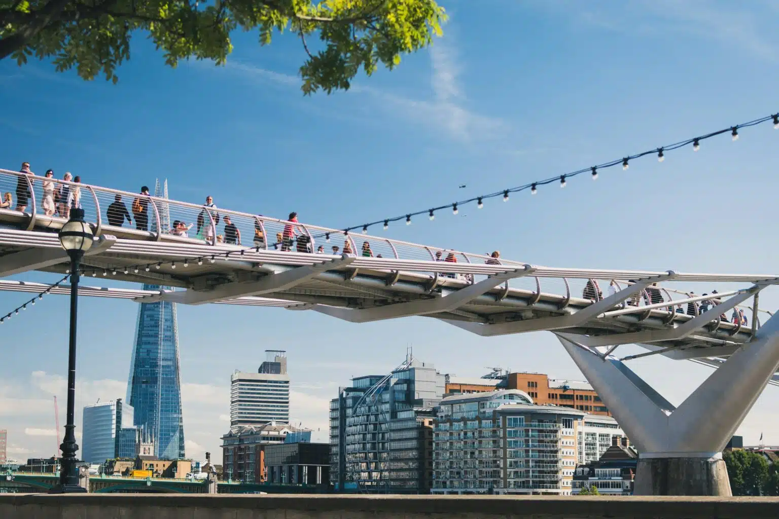 The 6 Best Things to Do in London Millennium Bridge with The Shard in the background.