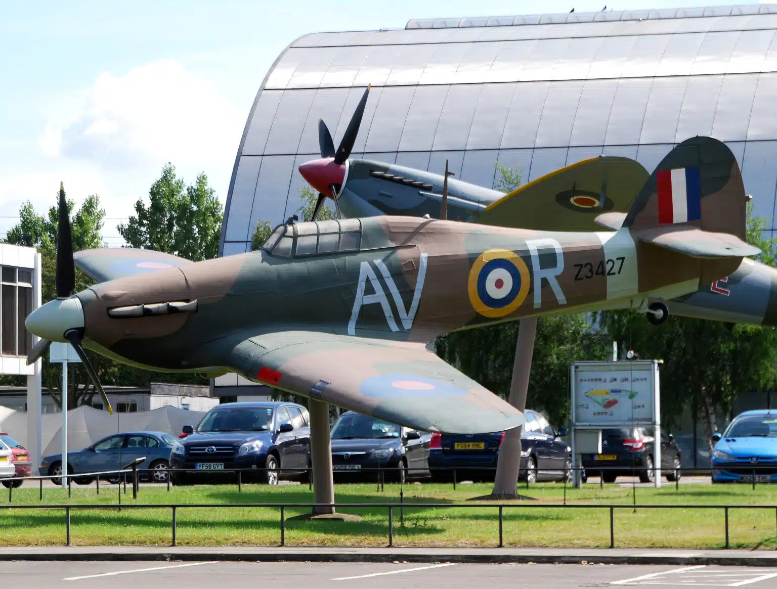 The Royal Air Force Museum in Hendon A Spitfire and a Hurricane on display at the main entrance of the RAF Museum in Hendon, London.